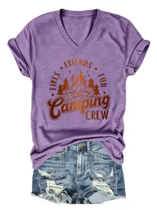 Camiseta casual de mujer con cuello en V y manga corta con estampado gráfico de camping.