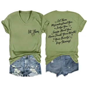 Lässiges Damen Olivgrün V-Ausschnitt Kurzarm T-Shirt mit inspirierendem Grafik Oberteil.