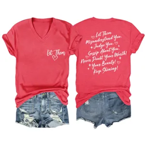Rotes V-Ausschnitt Kurzarm T-Shirt mit inspirierendem Zitat Text für Damen Mode.