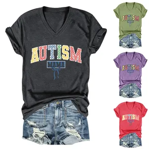 Vrouwen Autisme Mama V-Hals Korte Mouw T-Shirt Casual Zomer Top Mode Kleding Outfit