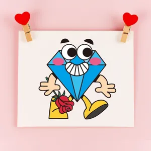 Cute cartoon diamond sticker with rose valentine day pink background creative sticker design