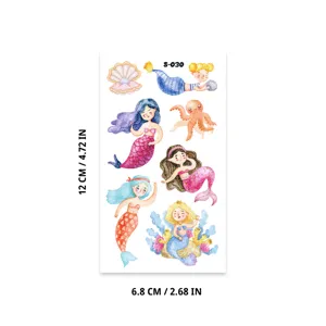 Kids waterproof glitter temporary tattoo stickers sheet featuring cute cartoon watercolor mermaids.
