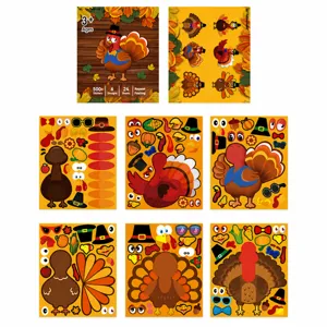 Kit d'autocollants DIY Thanksgiving pour enfants avec dinde de dessin anime, parfait pour l'automne.