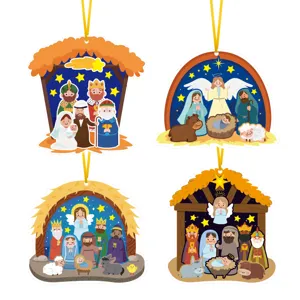 Cute cartoon Nativity scene Christmas tree hanging ornaments set for holiday decor gifts.