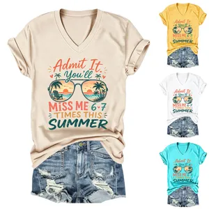 Maglietta casual da donna con scollo a V e maniche corte con stampa grafica estiva.