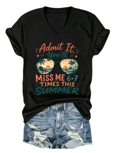 Maglietta grafica casual da donna a maniche corte con scollo a V e stampa spiaggia estiva.