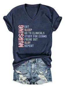 Women nursing student graphic V-neck short sleeve tee shirt paired with casual denim shorts.