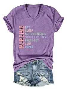 Casual women v-neck short sleeve nursing student slogan t-shirt with comfortable fabric.