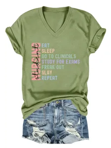 Green v-neck short sleeve t-shirt for women featuring nursing student text graphic, casual top.