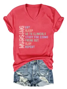 Casual v-neck short sleeve nursing student graphic t-shirt paired with denim shorts.