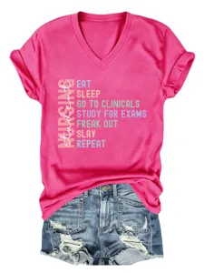 Casual women nursing student v-neck short sleeve t-shirt matching denim shorts outfit.