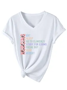 Women's V-Neck Short Sleeve Nursing Student T-Shirt Casual Tee Top with Front Knot