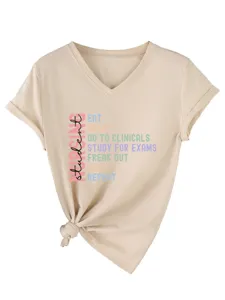 Casual women's V-neck short sleeve t-shirt featuring nursing student graphic print design.