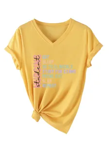 Casual yellow V-neck short sleeve T-shirt for women featuring nursing student slogan graphic print.