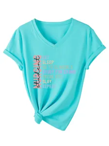 Detailed view of turquoise women V-neck short sleeve t-shirt with nurse graphic print.
