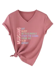 Women's V-Neck Short Sleeve T-Shirt Nursing Student Casual Tee with Knot Hem and Graphic Print