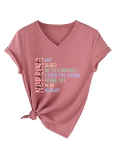 Detailed view of women casual V-neck short sleeve t-shirt with graphic print and stylish knot.