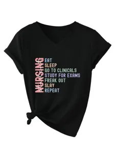 Casual women v-neck short sleeve t-shirt nursing student funny graphic top black.