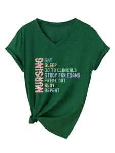 Women V-Neck Short Sleeve Nursing Student Letter Print Casual T-Shirt Green Top