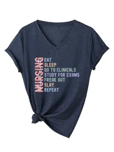 Casual dark blue v-neck short sleeve t-shirt with nursing student slogan graphic node.