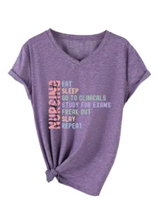 Women Casual V-Neck Short Sleeve T-Shirt Nursing Student Graphic Tee Purple Summer Top