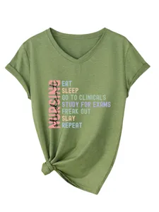 Olive green V-neck short sleeve t-shirt for nursing students with graphic print detail.