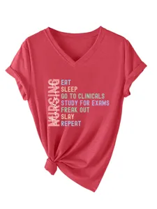 Red V-neck short sleeve nursing student graphic tee shirt with knotted hem detail close-up