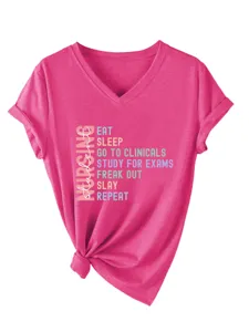 Women pink V-neck short sleeve nursing student graphic tee casual rolled cuff t-shirt