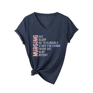 Women's Casual V-Neck Short Sleeve T-Shirt Nursing Student Letter Print Tee Top