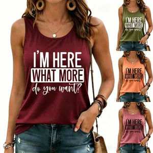 Detail view of casual women's sleeveless tank top with trendy slogan print and multiple colors.