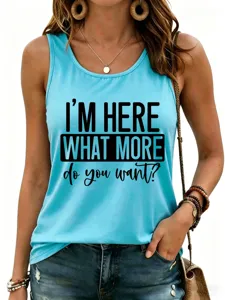Close-up detail showing the front print and fabric texture of the casual blue tank top.