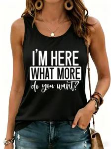 Casual black graphic tank top for women featuring front letter print, perfect for summer daily wear.