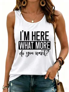 Casual white tank top for women with funny letter print, perfect for daily wear and summer.