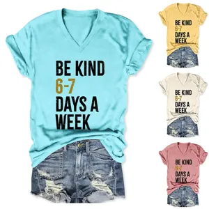 Casual V-neck short sleeve top with letter print and denim shorts set for women daily wear.