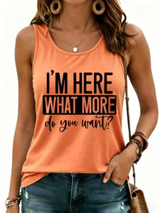 Detailed view of casual women's orange tank top with stylish black letter print design.