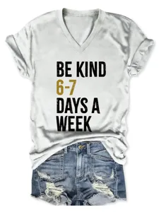Women casual V-neck short sleeve t-shirt with letter print, comfortable white summer top.