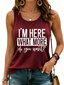 Women's casual sleeveless tank top detail, featuring stylish front letter print in red.