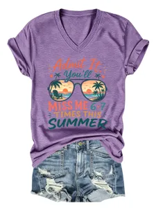 Maglietta donna casual con scollo a V e maniche corte con stampa grafica estiva.