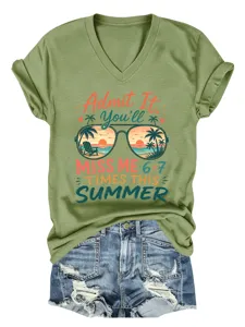 Elegante maglietta grafica verde oliva con scollo a V da donna top estivo casual.