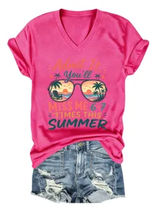 Maglietta estiva da donna casual con scollo a V e stampa grafica di occhiali da sole da spiaggia.