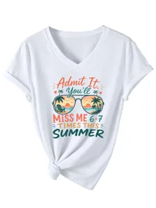 Maglietta da donna bianca casual scollo a V manica corta con stampa grafica spiaggia.