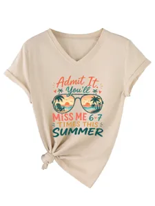 Dettaglio t-shirt manica corta collo V kaki, stampa tramonto estivo e nodo frontale.