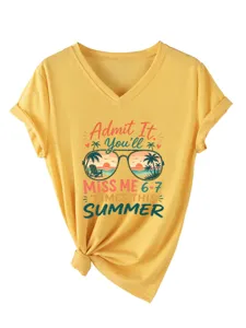 Maglietta casual da donna scollo V maniche corte gialla con grafica spiaggia e nodo frontale.
