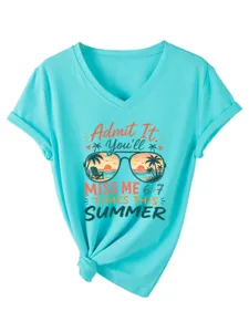 Stiloso t-shirt donna turchese scollo a V manica corta con stampa estiva e orlo annodato.