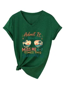 Donna Collo V Manica Corta T-Shirt Estate Spiaggia Stampa Grafica Top Verde Taglia