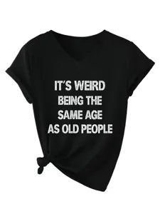 Casual gynaikeio mavro t-shirt me V-laimo, konta manikia kai asteio typo stylato.