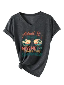 Maglietta donna vintage estiva grafica con scollo a V e nodo elegante sull'orlo.