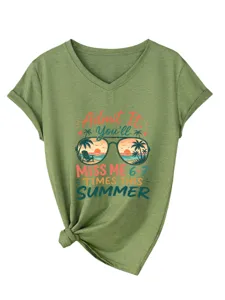 Maglietta donna scollo V manica corta grafica casual estate verde militare con stampa