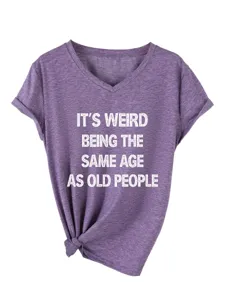 Casual μωβ γυναικείο T-shirt με V λαιμόκοψη κοντό μανίκι, κόμπο μπροστά και αστείο σλόγκαν.
