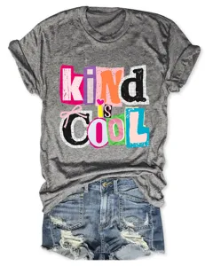 Graues meliertes Kurzarm T-Shirt mit kind is cool Spruch Druck fur Damen Freizeitkleidung